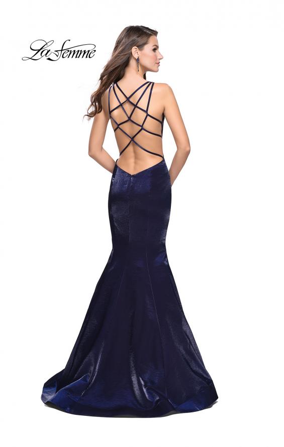 Picture of: Long Form Fitting Mermaid Prom Dress with Deep V in Navy, Style: 25494, Detail Picture 2