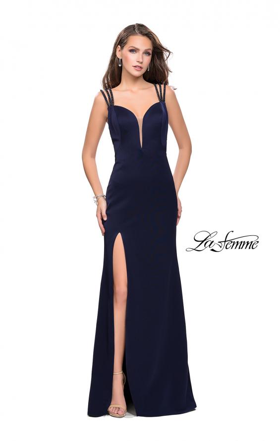 Picture of: Satin Prom Dress with Open Back and Beaded Straps in Navy, Style: 26167, Detail Picture 2