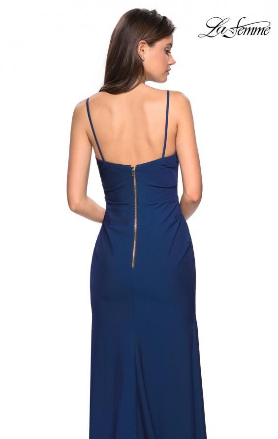 Picture of: Classic Long Jersey Gown with Side Ruching and Slit in Navy, Style: 27626, Detail Picture 4