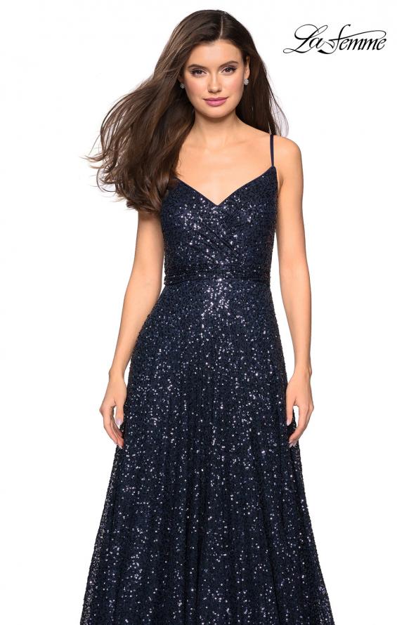 Picture of: sequin Empire Waist Prom Dress with V Back in Navy, Style: 27747, Detail Picture 4