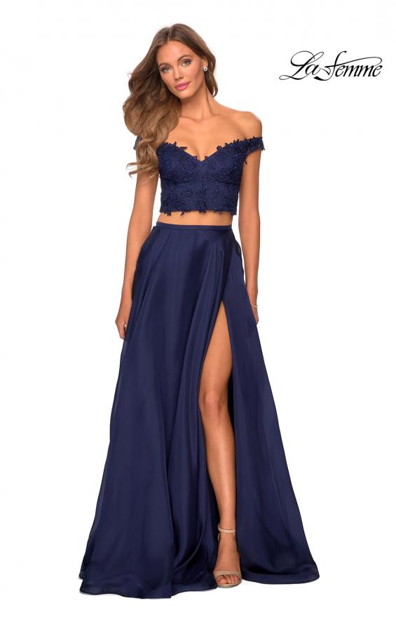 Picture of: Two Piece Dress with Sheer Off the Shoulder Top in Navy, Style: 28704, Detail Picture 4