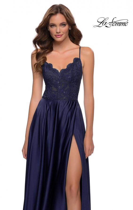 Picture of: Satin and Lace Prom Dress with Sheer Bodice in Navy, Style 29760, Detail Picture 4