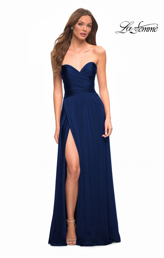 Picture of: Simple Strapless Jersey Dress with High Slit in Navy, Style: 30700, Detail Picture 4