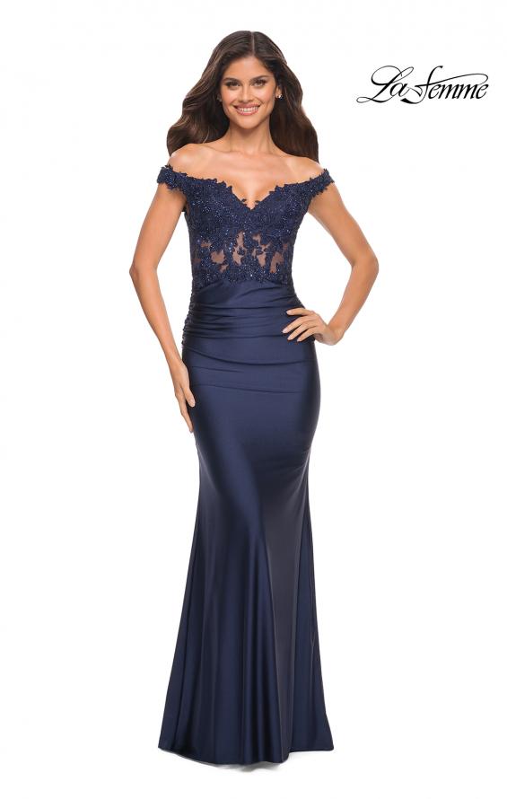 Picture of: Illusion Lace Top with Jersey Long Gown in Navy, Detail Picture 4