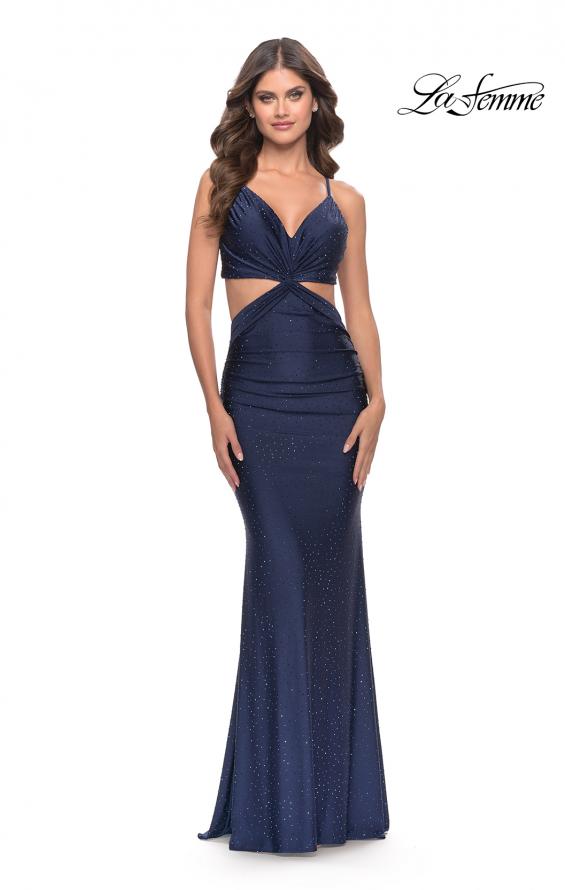 Picture of: Twist Front Cut Out Rhinestone Jersey Dress in Navy, Style: 31339, Detail Picture 4