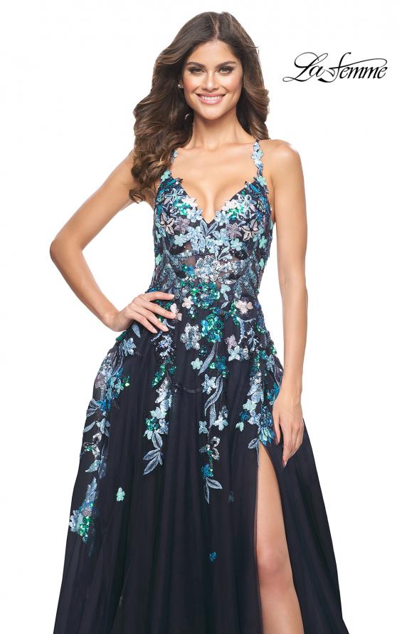 Picture of: Gorgeous Sequin Floral Lace Applique A-Line Tulle Prom Dress in Navy, Style: 32023, Detail Picture 4