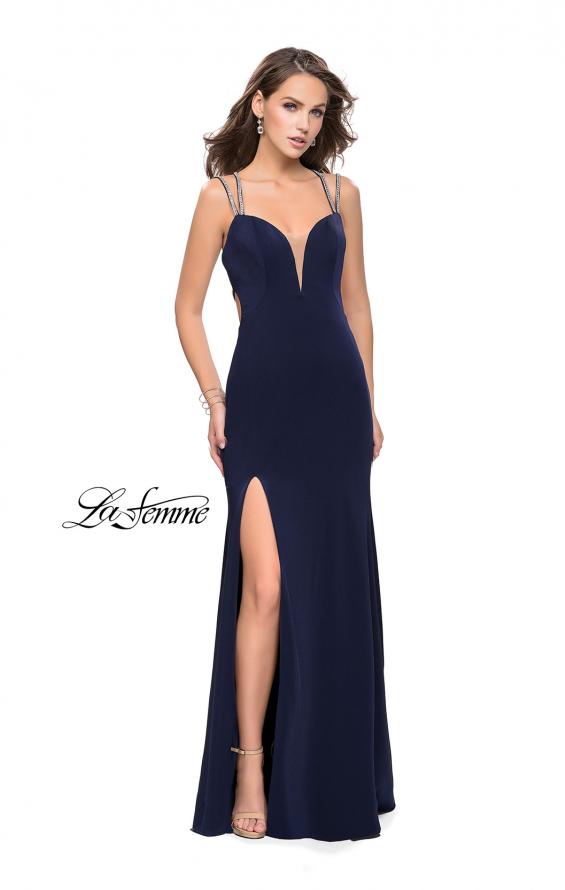 Picture of: Long Jersey Dress with Metallic Straps and Embellishments in Navy, Style: 25660, Detail Picture 5