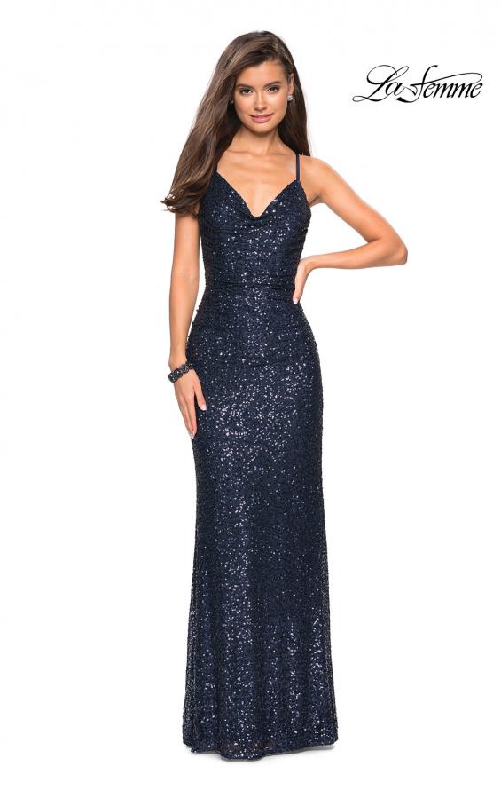 Picture of: Floor Length Ruched Fully sequin Prom Dress in Navy, Style: 27234, Detail Picture 5