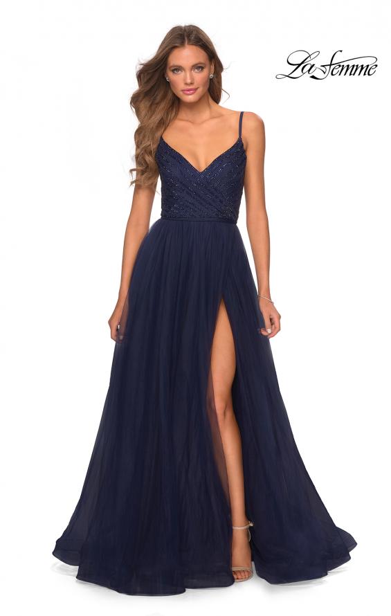 Picture of: Tulle A-line Dress with Patterned Rhinestone Bodice in Navy, Style: 28511, Detail Picture 5