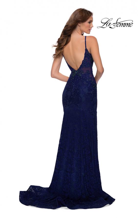 Picture of: Chic Long Stretch Lace Gown with Sheer Rhinestone Back in Navy, Style 29679, Detail Picture 5