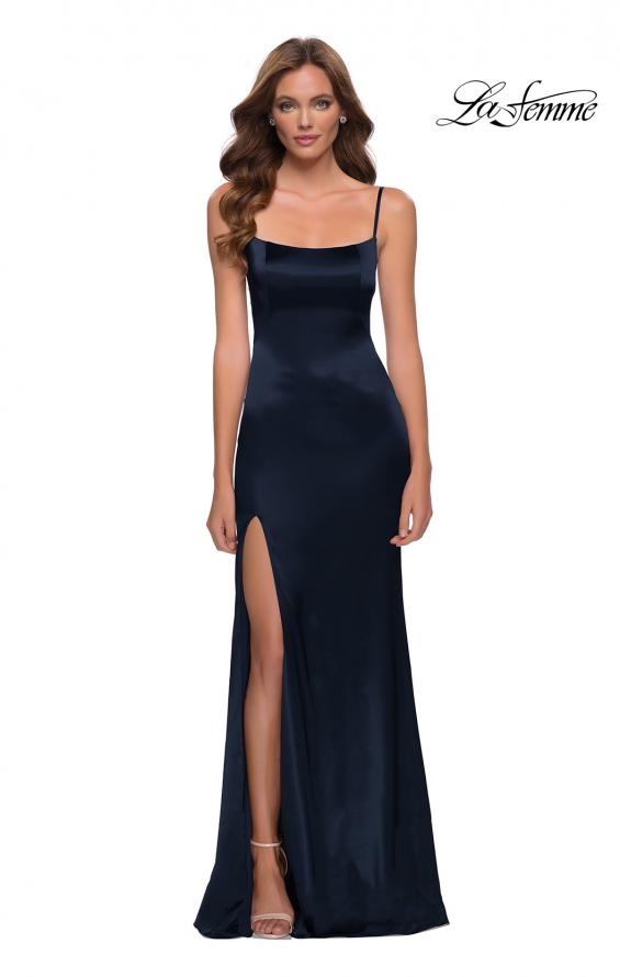 Picture of: Fitted Stretch Satin Dress with Scoop Back in Navy, Style 29945, Detail Picture 5