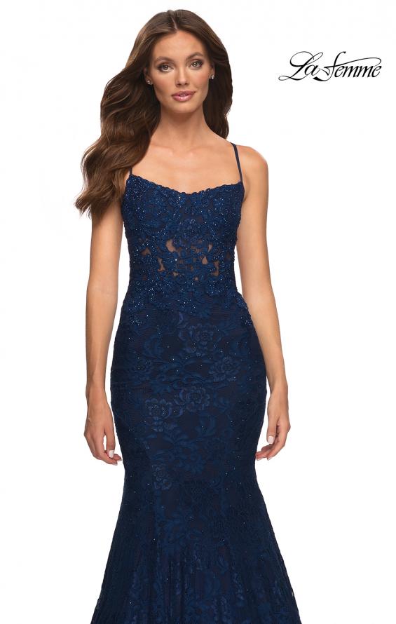 Picture of: Mermaid Lace Gown with Sheer Bodice and Open Back in Blue, Style: 30467, Detail Picture 5