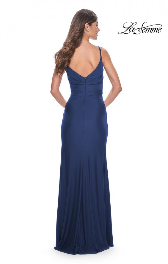 Picture of: Simple Jersey Gown with Deep V Neckline and Ruching in Navy, Style: 32115, Detail Picture 5