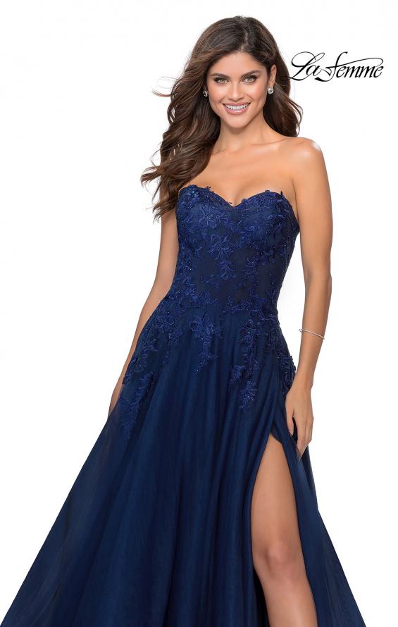 Picture of: Strapless Tulle Dress with Cascading Floral Detail in Navy, Style: 28599, Detail Picture 6