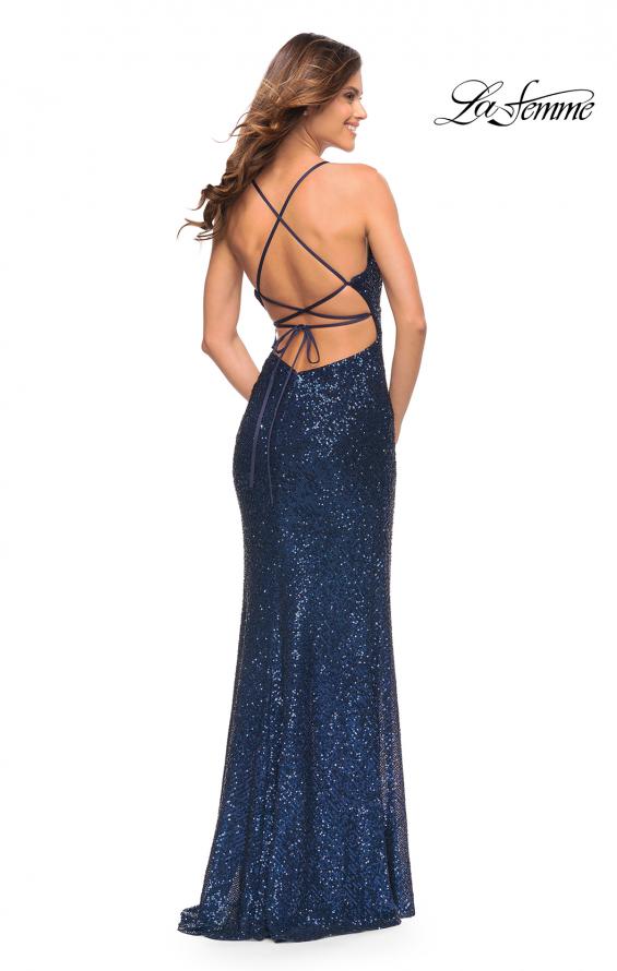 Picture of: Long Sequin Gown in Jewel Tones with V Neckline in Navy, Style: 30374, Detail Picture 6