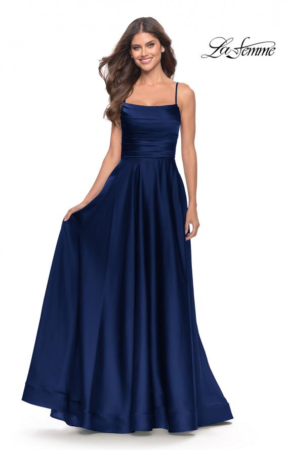 Picture of: A Line Satin Gown with Ruching and Square Neckline in Navy, Style: 31105, Detail Picture 6