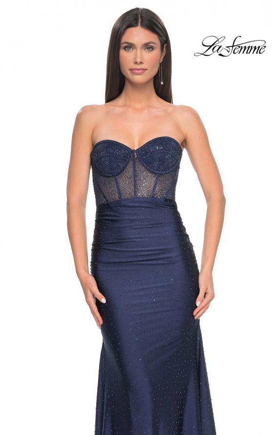 Picture of: Rhinestone Embellished Gown with Ruched Skirt in Navy, Style: 32316, Detail Picture 6