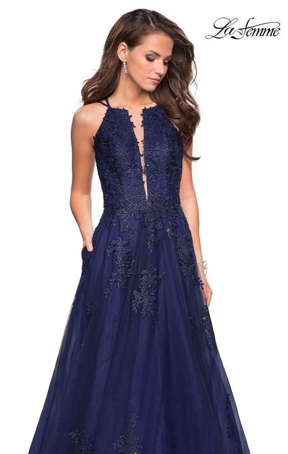 Picture of: Tulle Prom Dress with Lace Bodice and Strappy Back in Navy, Style: 27143, Detail Picture 7