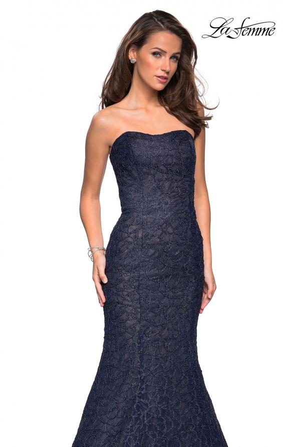 Picture of: Long Mermaid Metallic Lace Strapless Prom Dress in Navy, Style: 27267, Detail Picture 7