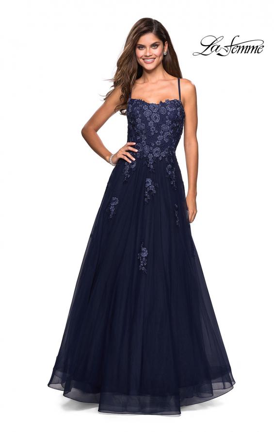 Picture of: Floor Length Tulle Ball Gown with Lace Accents in Navy, Style: 27441, Detail Picture 7