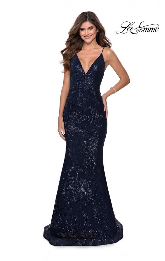 Picture of: Sequin Mermaid Prom Dress with Strappy Back in Navy, Style: 28519, Detail Picture 7