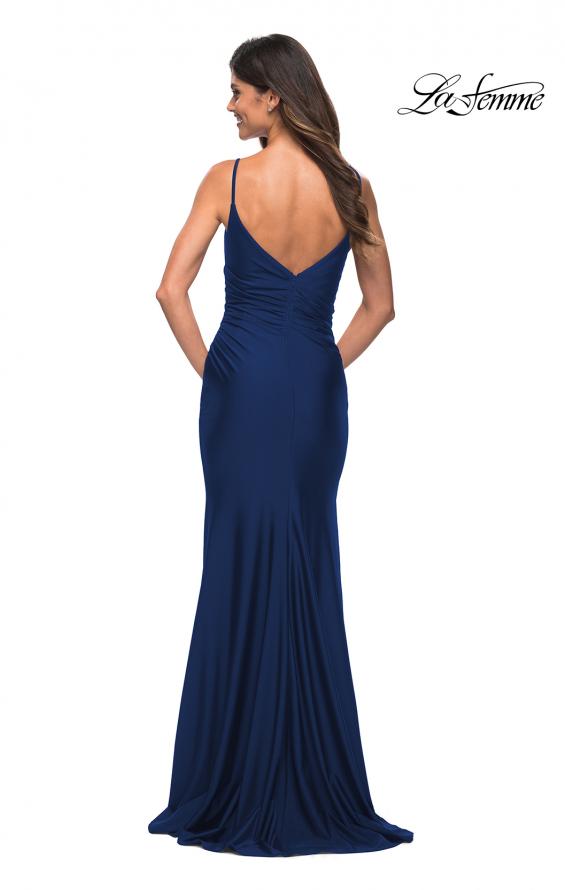 Picture of: Diagonal Ruched Jersey Gown with V Neckline in Navy, Detail Picture 7