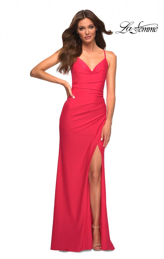 Picture of: Long Hot Coral Dress with Flattering Ruching and Slit in Orange, Style: 30444, Main Picture