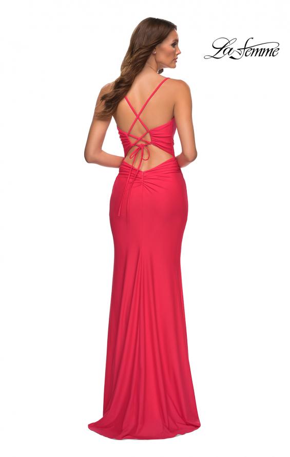 Picture of: Long Hot Coral Dress with Flattering Ruching and Slit in Orange, Style: 30444, Back Picture