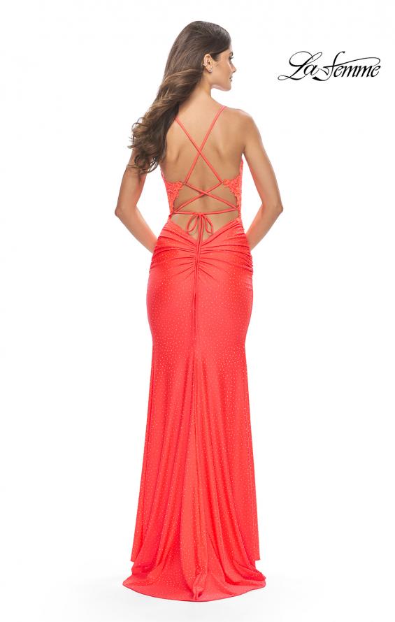 Picture of: Open Lace Up Back Long Gown with Lace Side Detail in Neon Coral, Style: 31365, Detail Picture 3
