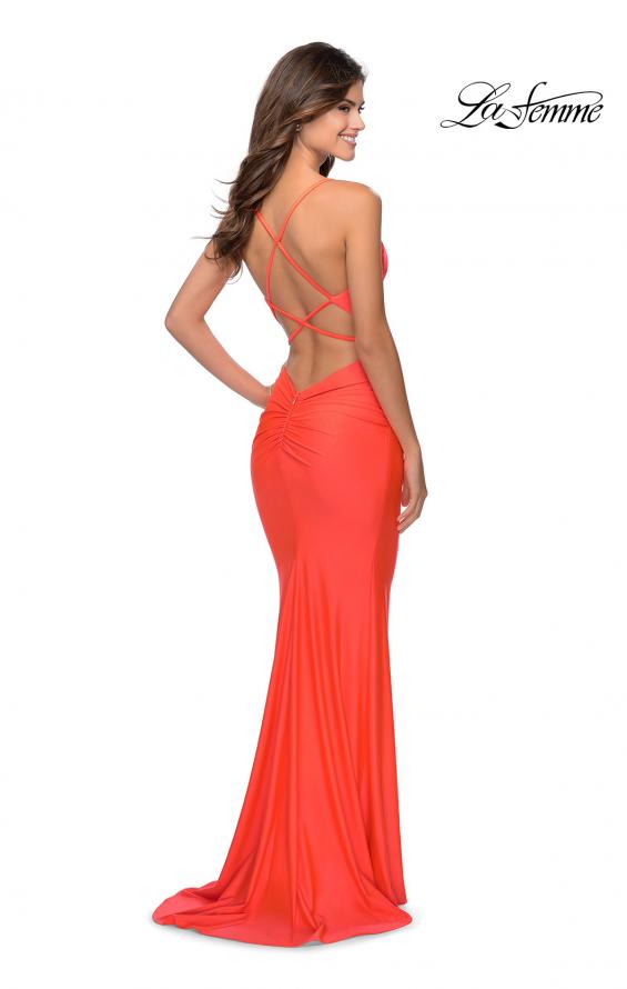 Picture of: Neon Prom Dress with Ruching and Strappy Back in Neon Coral, Style: 29020, Detail Picture 5