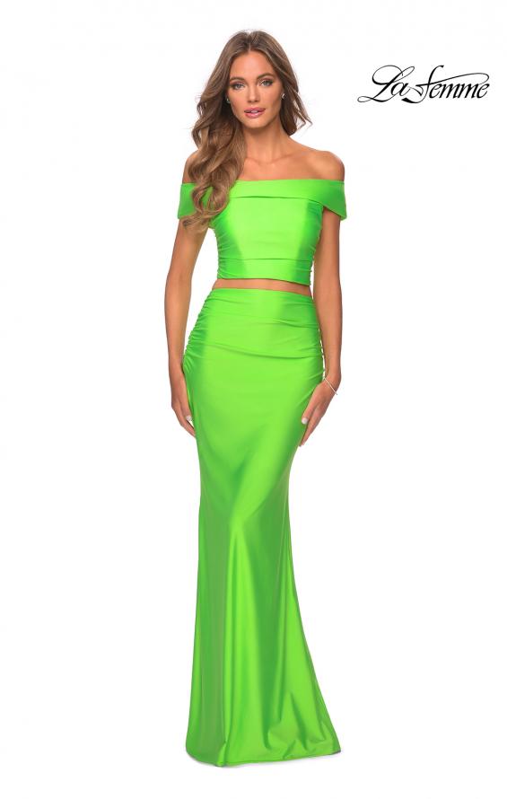 Picture of: Neon Two Piece Prom Dress with Off the Shoulder Top in Neon Green, Style: 29146, Detail Picture 1