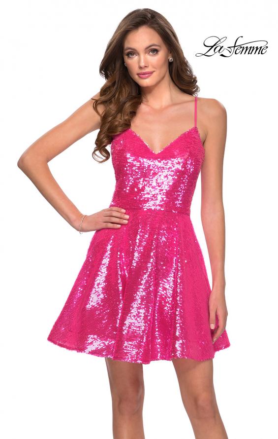 Picture of: Neon Sequin Homecoming Dress with Lace Up Back in Neon Pink, Style: 29344, Main Picture