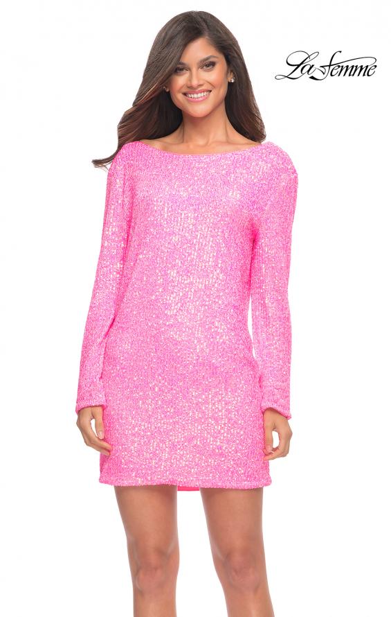 Picture of: Long Sleeve Sequined Shift Homecoming Dress in Neon Pink, Main Picture