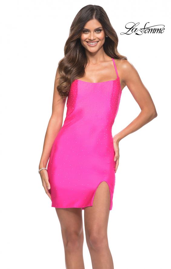 Picture of: Neon Beaded Jersey Short Dress with Open Back in Neon Pink, Main Picture