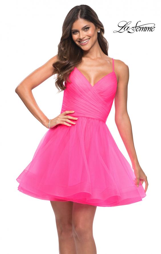 Picture of: Neon Short Fit and Flare Tulle Dress with Open Back in Neon Pink, Main Picture