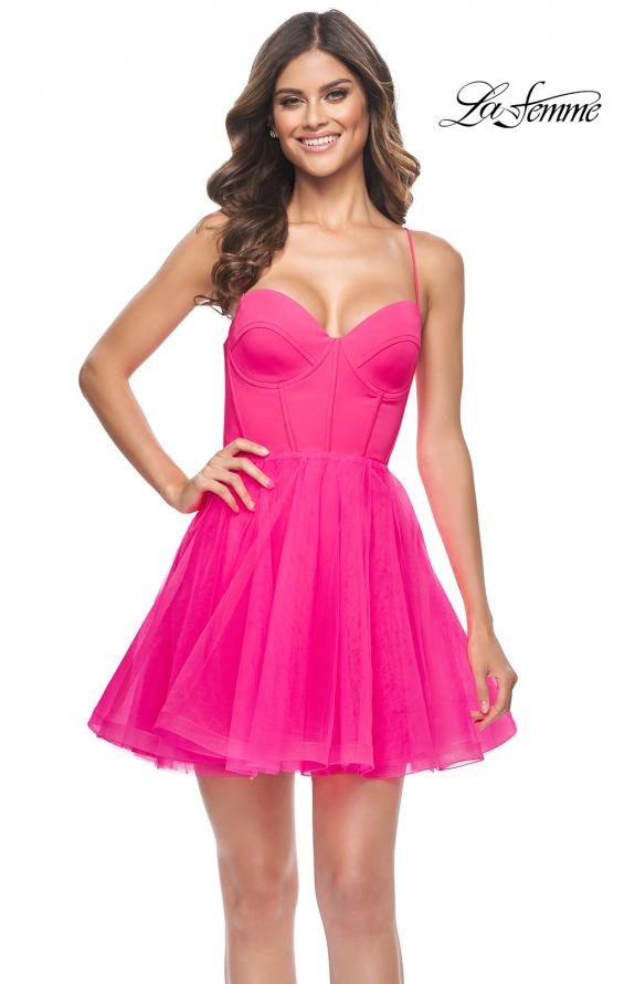 Picture of: Cute Flared Tulle Skirt Dress with Sheer Bodice in Neon Pink in Neon Pink, Style: 31468, Main Picture