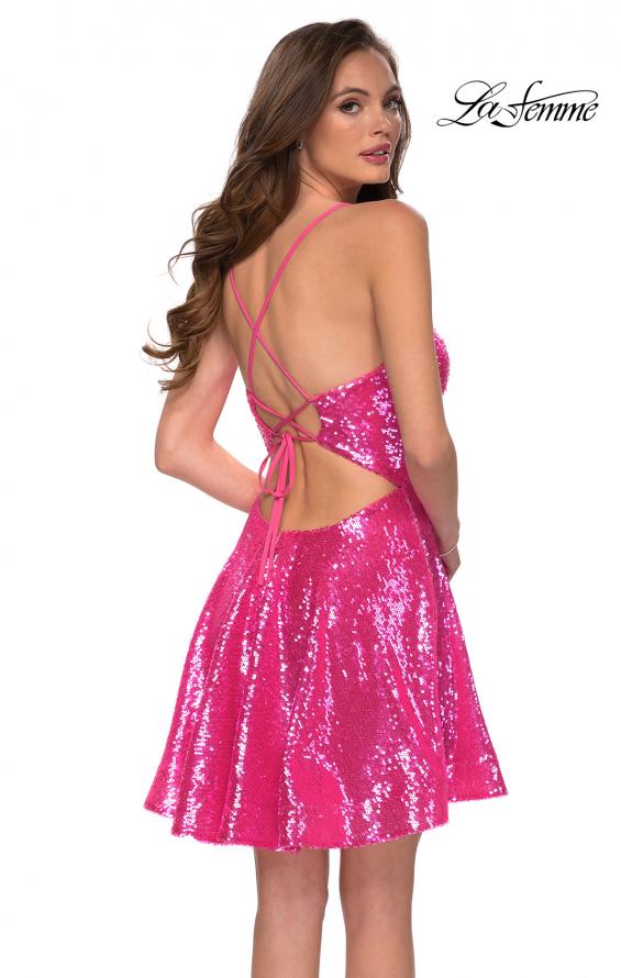 Picture of: Neon Sequin Homecoming Dress with Lace Up Back in Neon Pink, Style: 29344, Back Picture