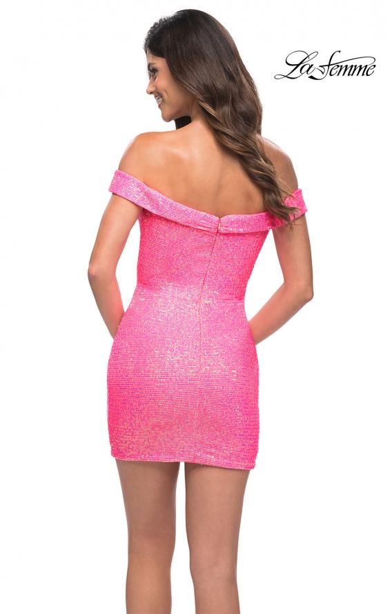 Picture of: Neon Off the Shoulder Stretch Sequin Dress with Ruching in Neon Pink, Back Picture