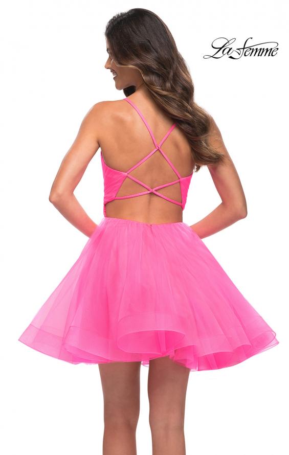 Picture of: Neon Short Fit and Flare Tulle Dress with Open Back in Neon Pink, Back Picture