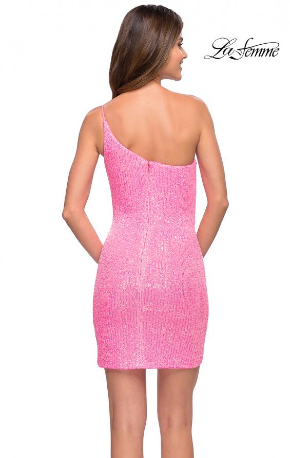 Picture of: Fitted One Shoulder Mini Dress with Slit in Bright Colors in Neon Pink, Style 30934, Back Picture