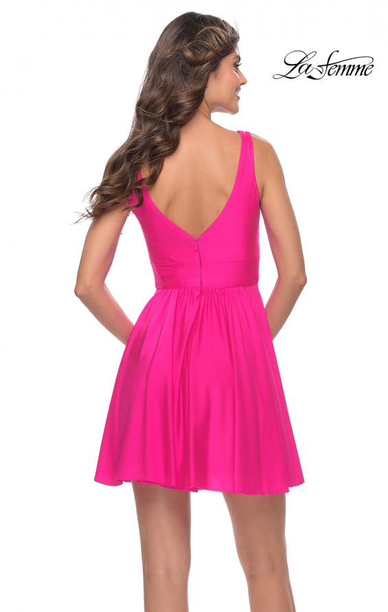 Picture of: Short Flare Dress with V Neckline and Fitted Waist in Neon Pink in Neon Pink, Style: 30979, Back Picture
