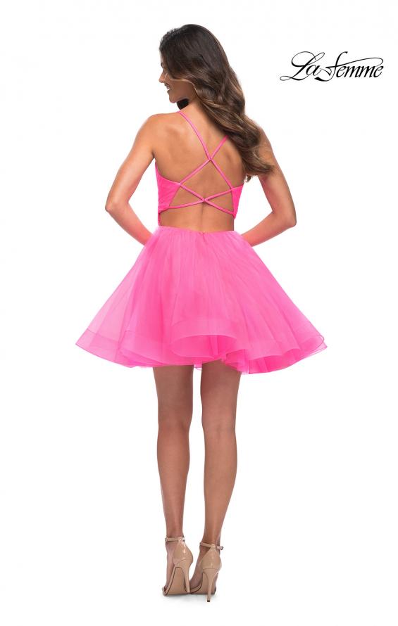 Picture of: Neon Short Fit and Flare Tulle Dress with Open Back in Neon Pink, Detail Picture 2