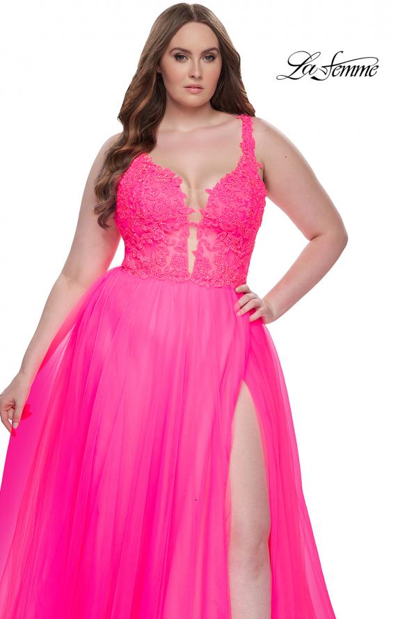Picture of: Deep V Plus Size Tulle Dress with Lace Illusion Bodice in Neon Pink, Style: 31394, Detail Picture 8