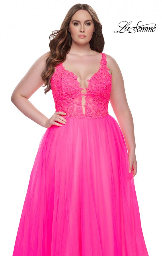 Picture of: Deep V Plus Size Tulle Dress with Lace Illusion Bodice in Neon Pink, Style: 31394, Detail Picture 9