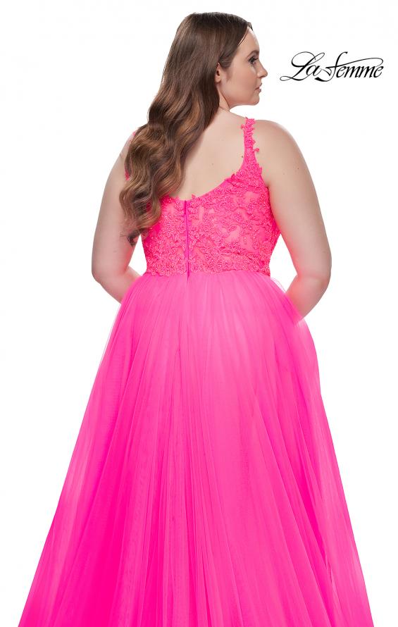 Picture of: Deep V Plus Size Tulle Dress with Lace Illusion Bodice in Neon Pink, Style: 31394, Detail Picture 10