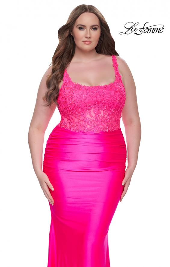 Picture of: Ruched Jersey Plus Dress with Illusion Lace Bodice and Tie Back in Neon Pink, Style: 31273, Detail Picture 11