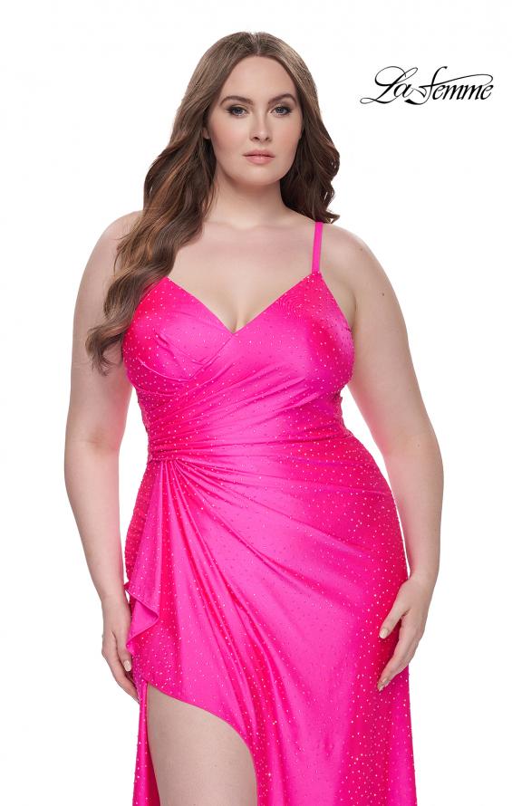 Picture of: Rhinestone Embellished Jersey Dress with Lace Illusion Back in Neon Pink, Style: 31309, Detail Picture 11