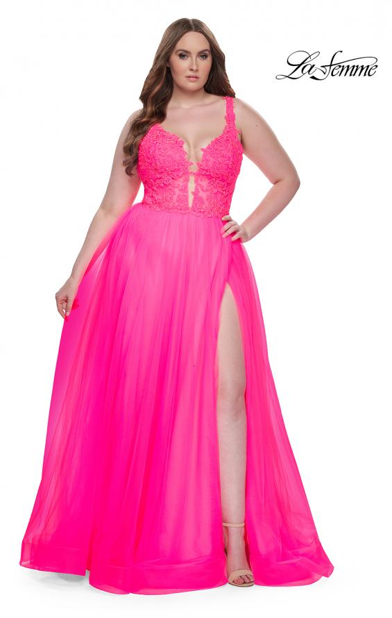 Picture of: Deep V Plus Size Tulle Dress with Lace Illusion Bodice in Neon Pink, Style: 31394, Detail Picture 1