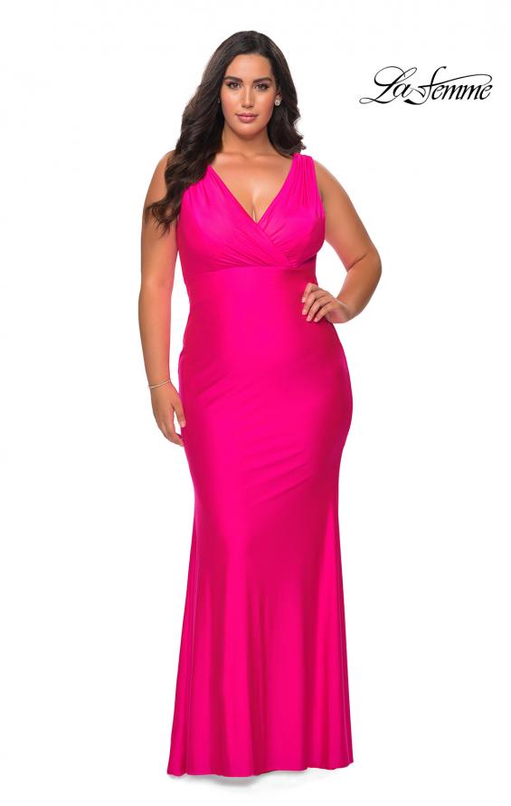 Picture of: Neon Plus Size Jersey Dress with Faux Wrap Bodice in Neon Pink, Style: 29016, Detail Picture 2