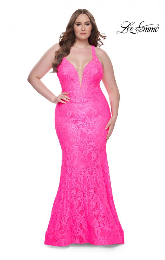 Picture of: Mermaid Lace Plus Size Prom Dress with Deep V in Neon Pink, Style: 31118, Detail Picture 2